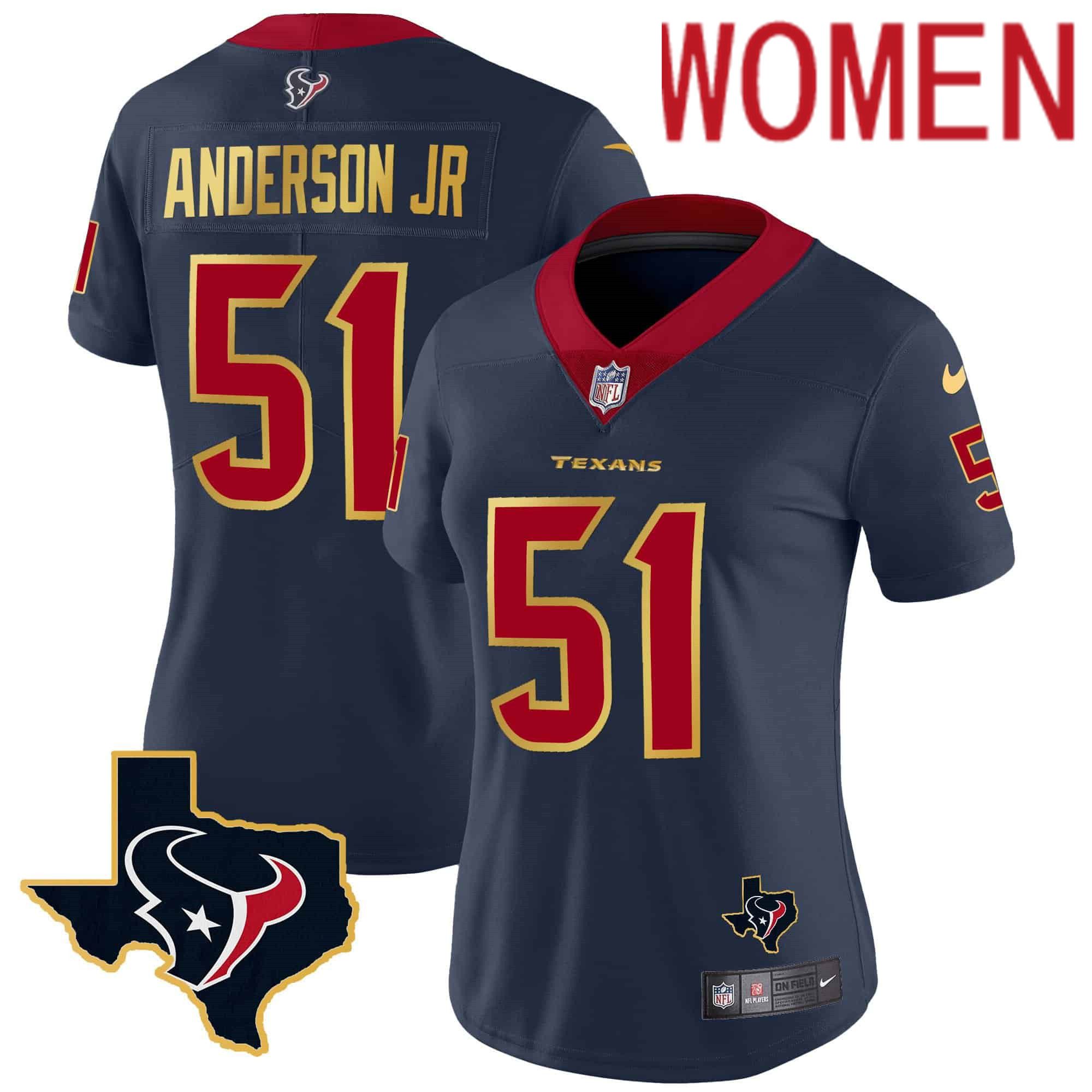 Women Houston Texans #51 Anderson jr Dark blue Gold 2024 Nike Trim Vapor NFL Jersey style 1->women nfl jersey->Women Jersey